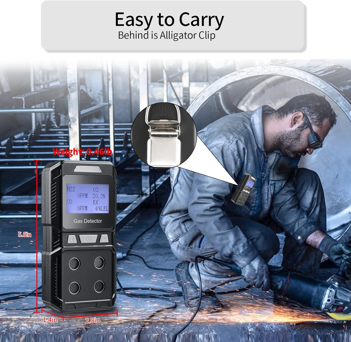 Portable 4 Gas Detector, Rechargeable Multi Gas Monitor, EX O2 H2S CO 4 in 1 Gas Meter H4633