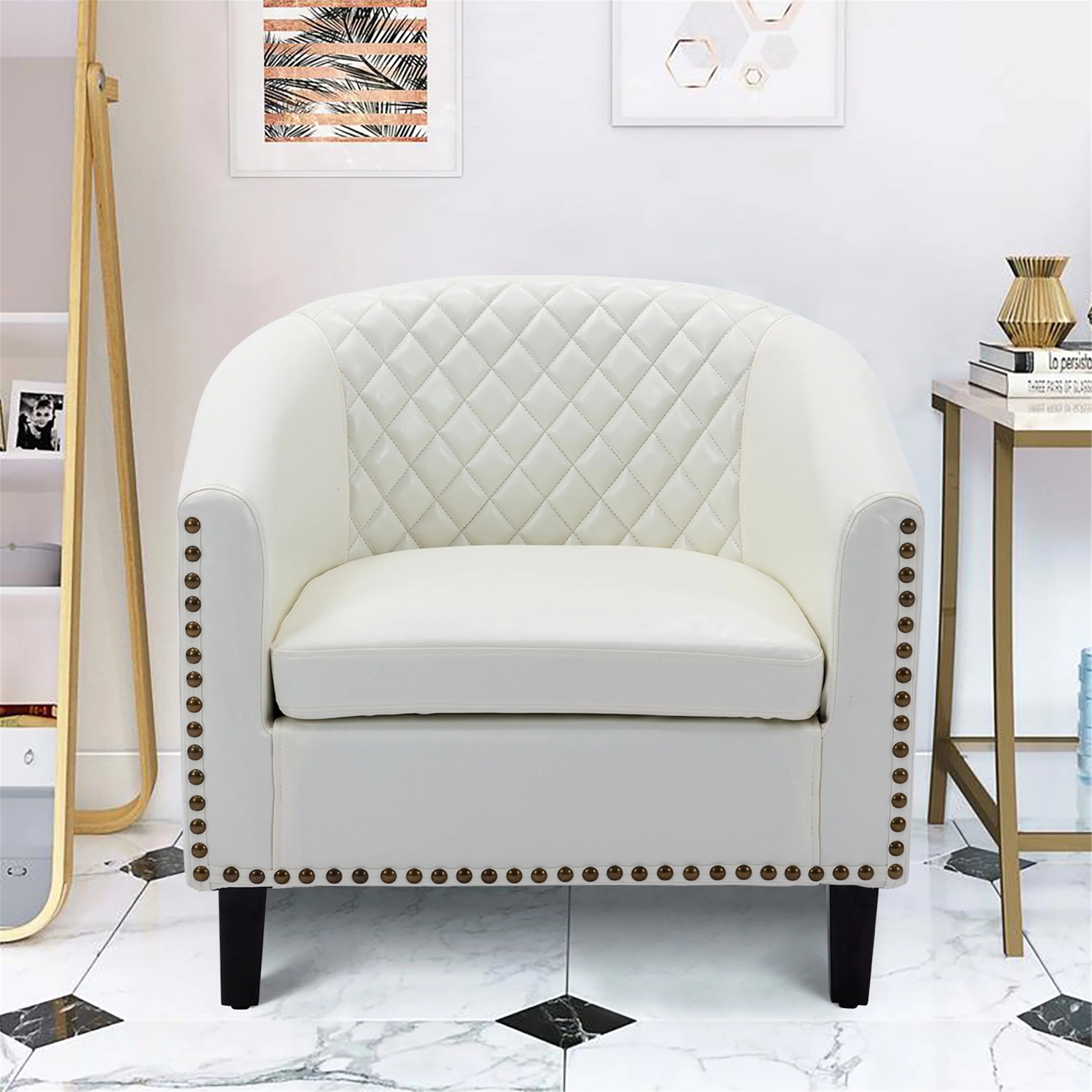White PU Leather Barrel Club Chair with Solid Wood Legs G608809