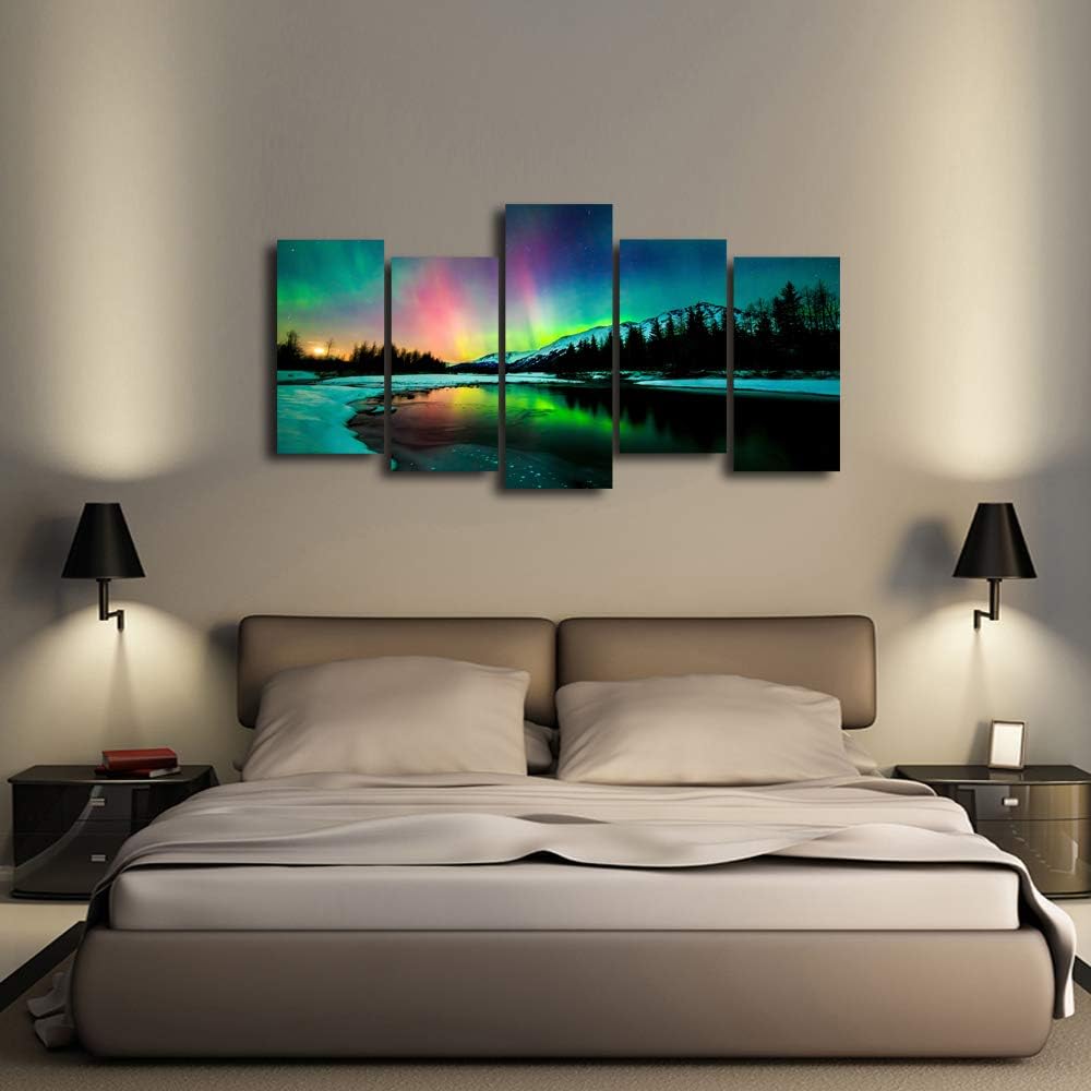 5 Pieces Green Aurora Borealis Scenery Canvas Prints Ready to Hang F1926