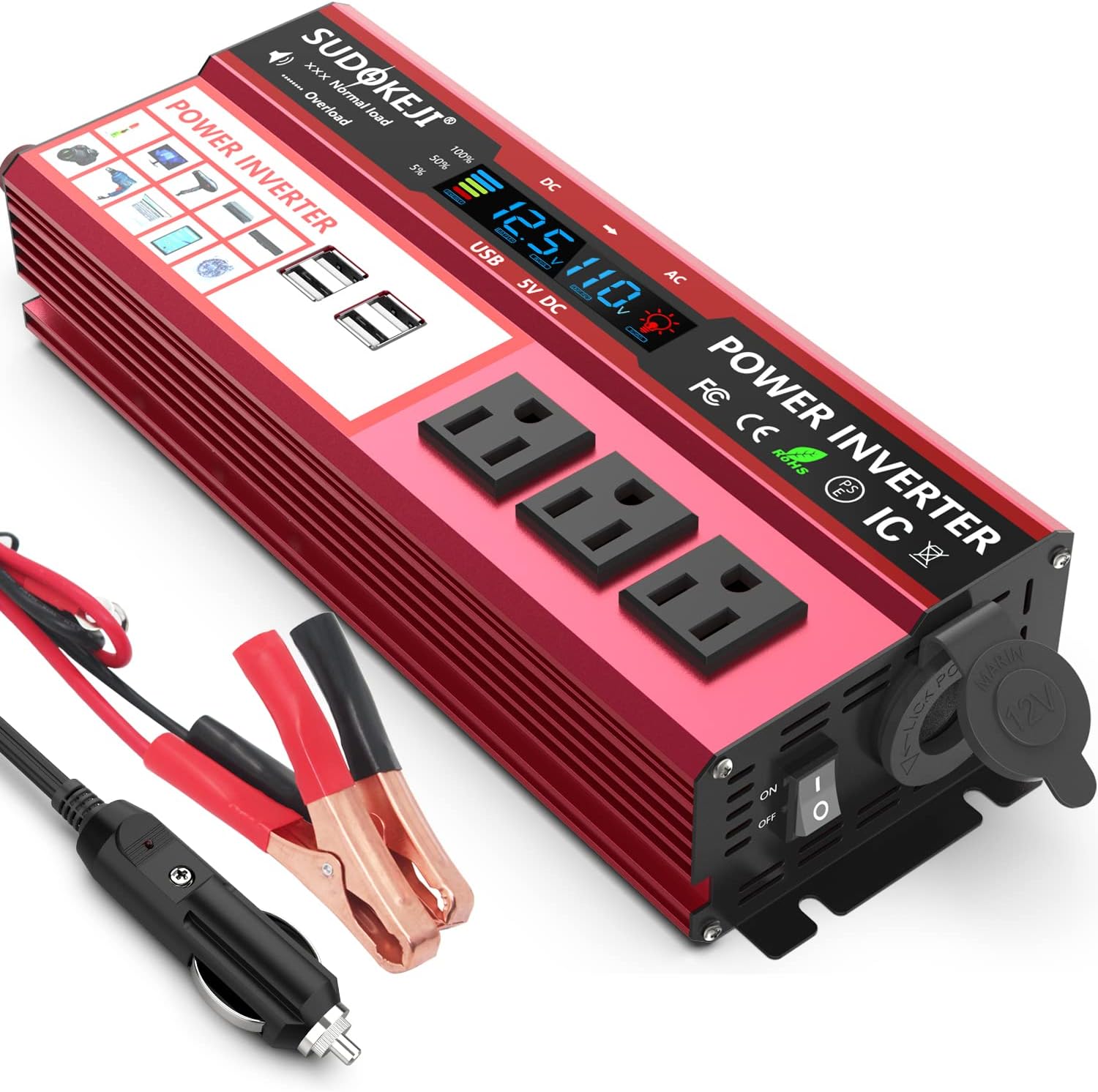 Power Inverter 1000W/2000W Peak DC 12V to AC 110V 120V Portable Car Inverter with LCD Display 3 AC and 4 USB Ports R32152