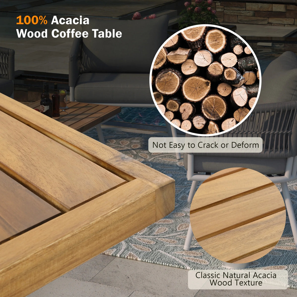 4-Piece Grey Outdoor Patio Furniture Set with Acacia Wood Coffee Table N438