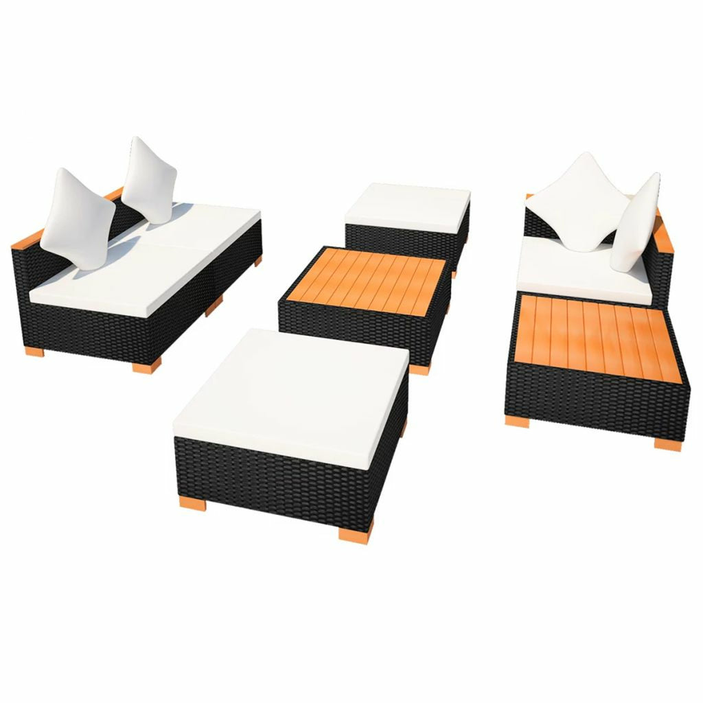 7 Piece Outdoor Sectional Sofa Set with Coffee Table and Ottoman Black Poly Rattan T876