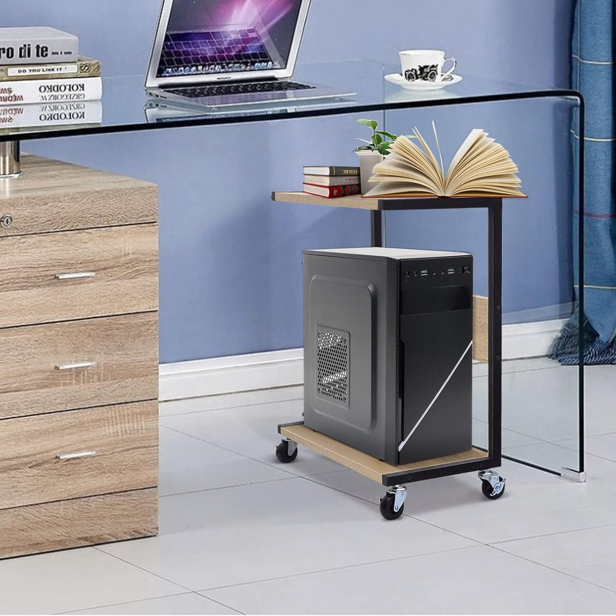 Oak Color C-Shaped Computer Tower Stand with 4 Lockable Wheels P709529
