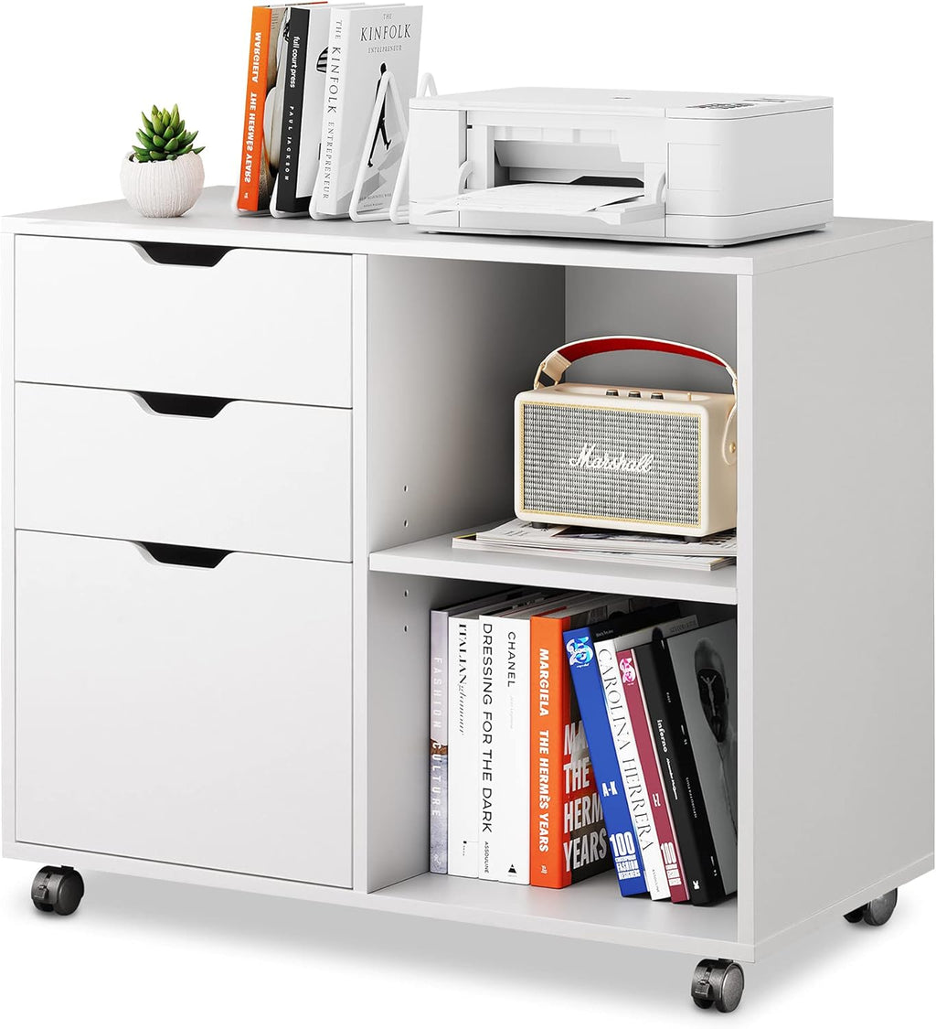 3-Drawer Wood File Cabinet with Open Storage Shelves, Rustic Brown B78862
