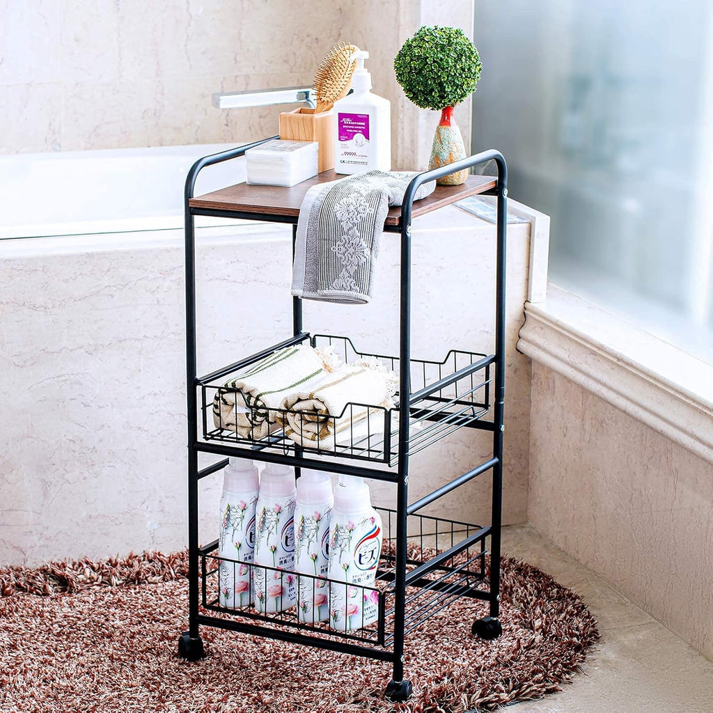Black Kitchen Island Serving Cart with 2 Basket Drawers U2740