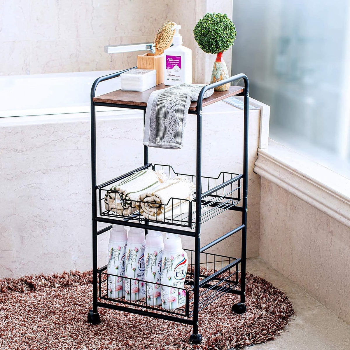 Black Kitchen Island Serving Cart with 2 Basket Drawers U2740