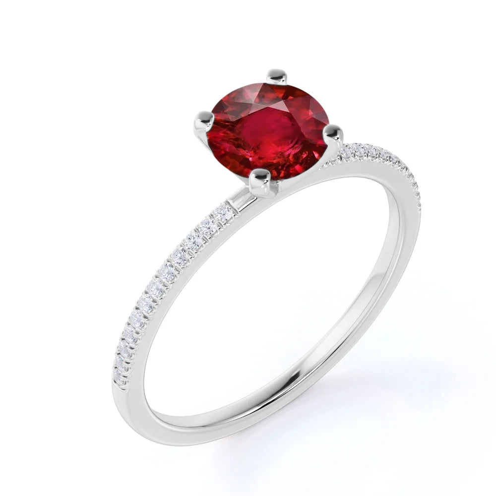 1 Carat Round Cut Simulated Ruby Engagement Ring in 18k White Gold over Silver M40623