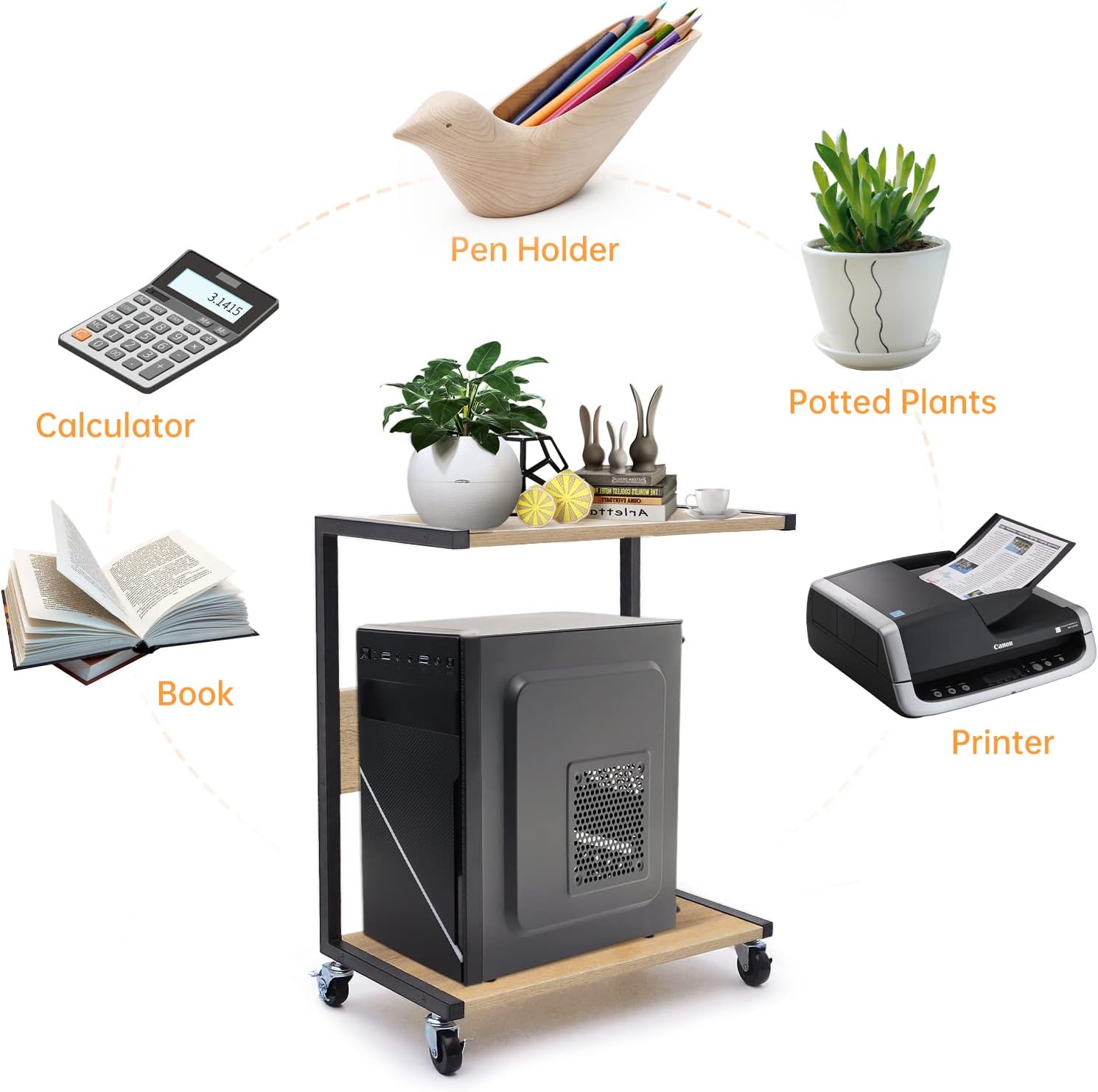 Oak Color C-Shaped Computer Tower Stand with 4 Lockable Wheels P709529