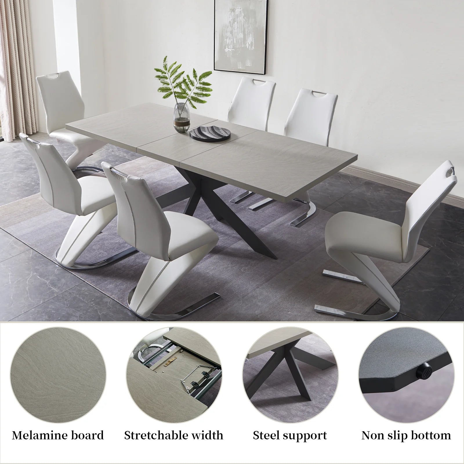 Extendable Rectangular Dining Table with 6 Leather Upholstered Dining Chairs K84959