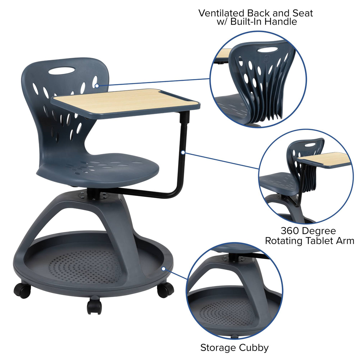 Dark Gray Mobile Desk Chair with Under Seat Storage Cubby B288