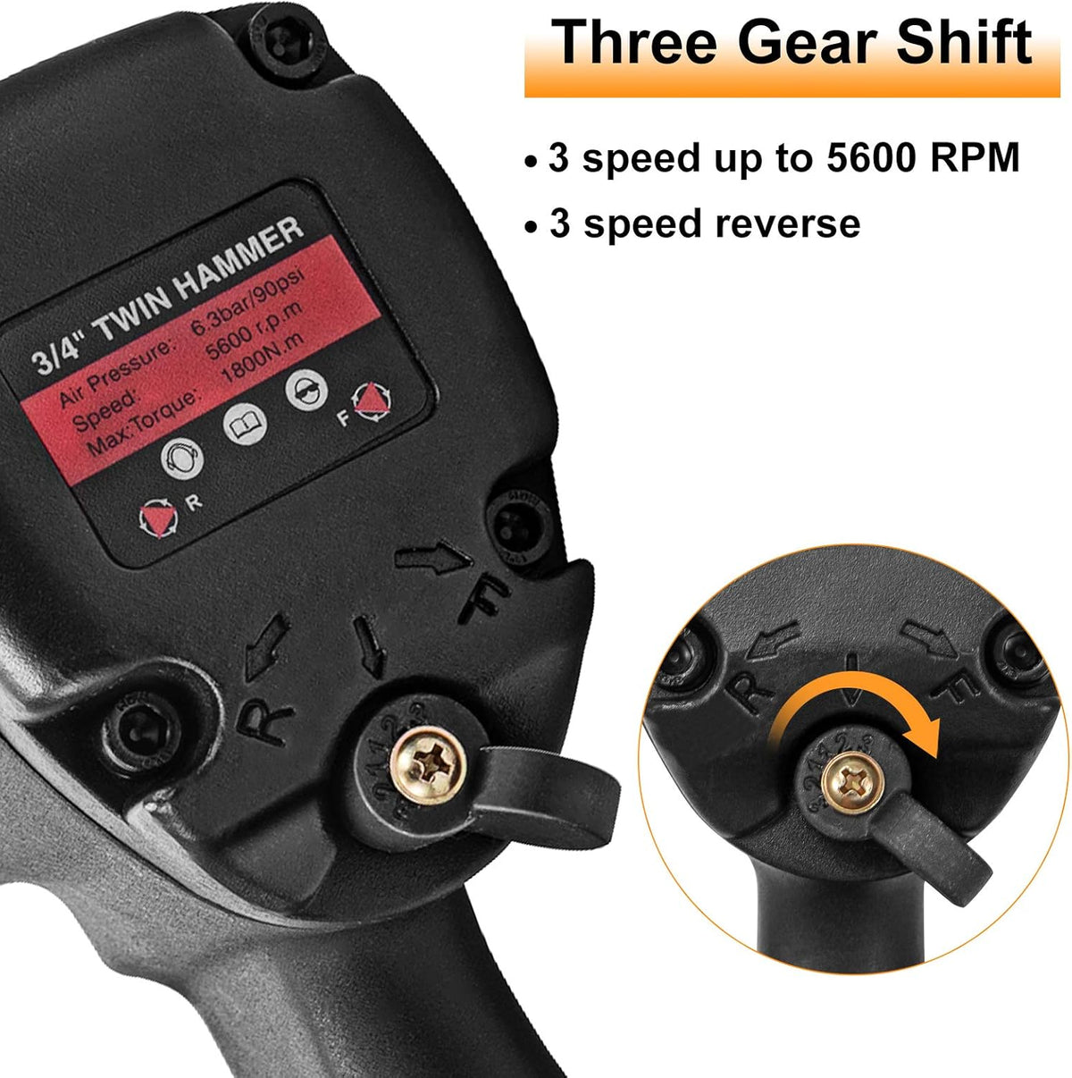 3/4 Inch Pneumatic Impact Wrench with 3-Speed Control Max 5600RPM B52964