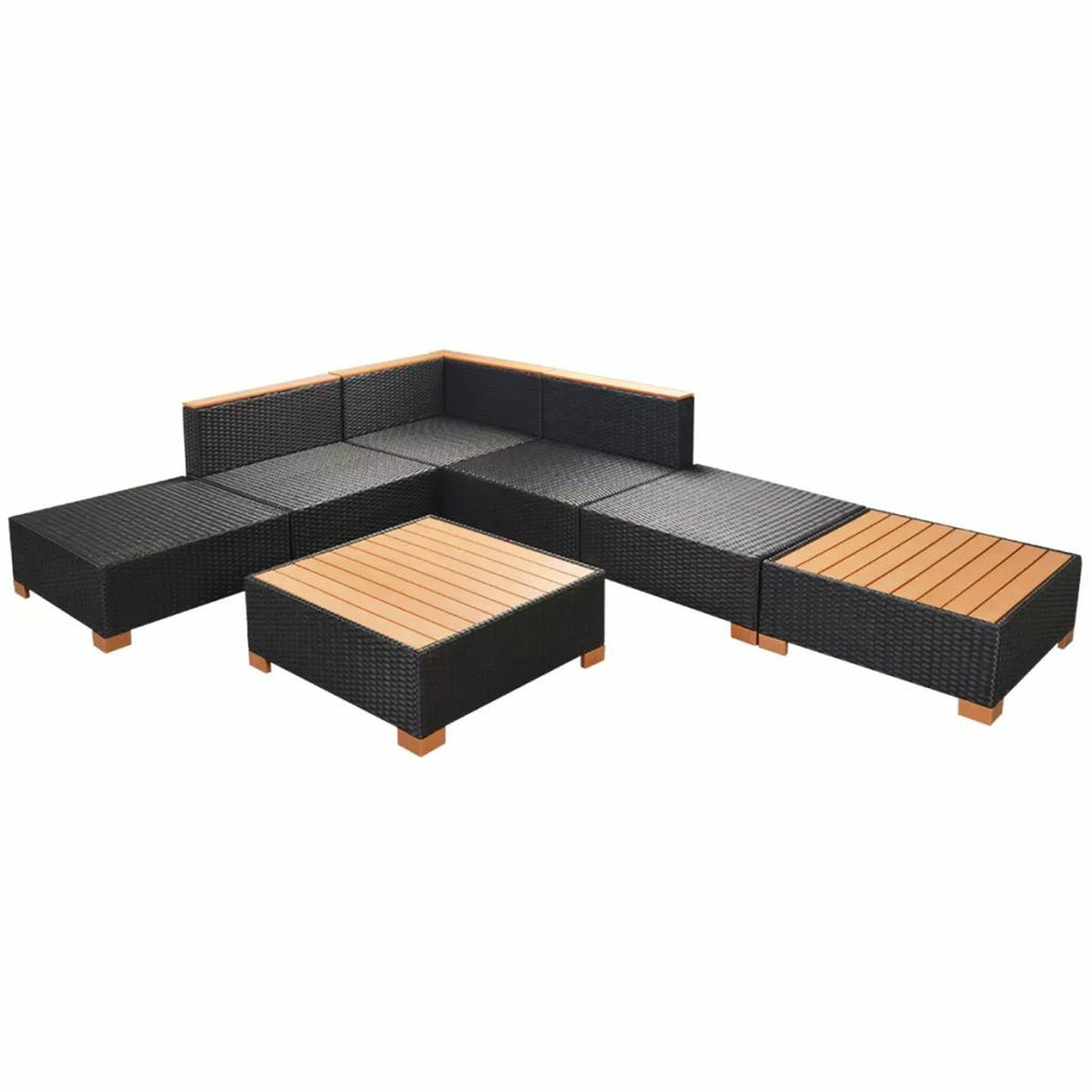 7 Piece Outdoor Sectional Sofa Set with Coffee Table and Ottoman Black Poly Rattan T876