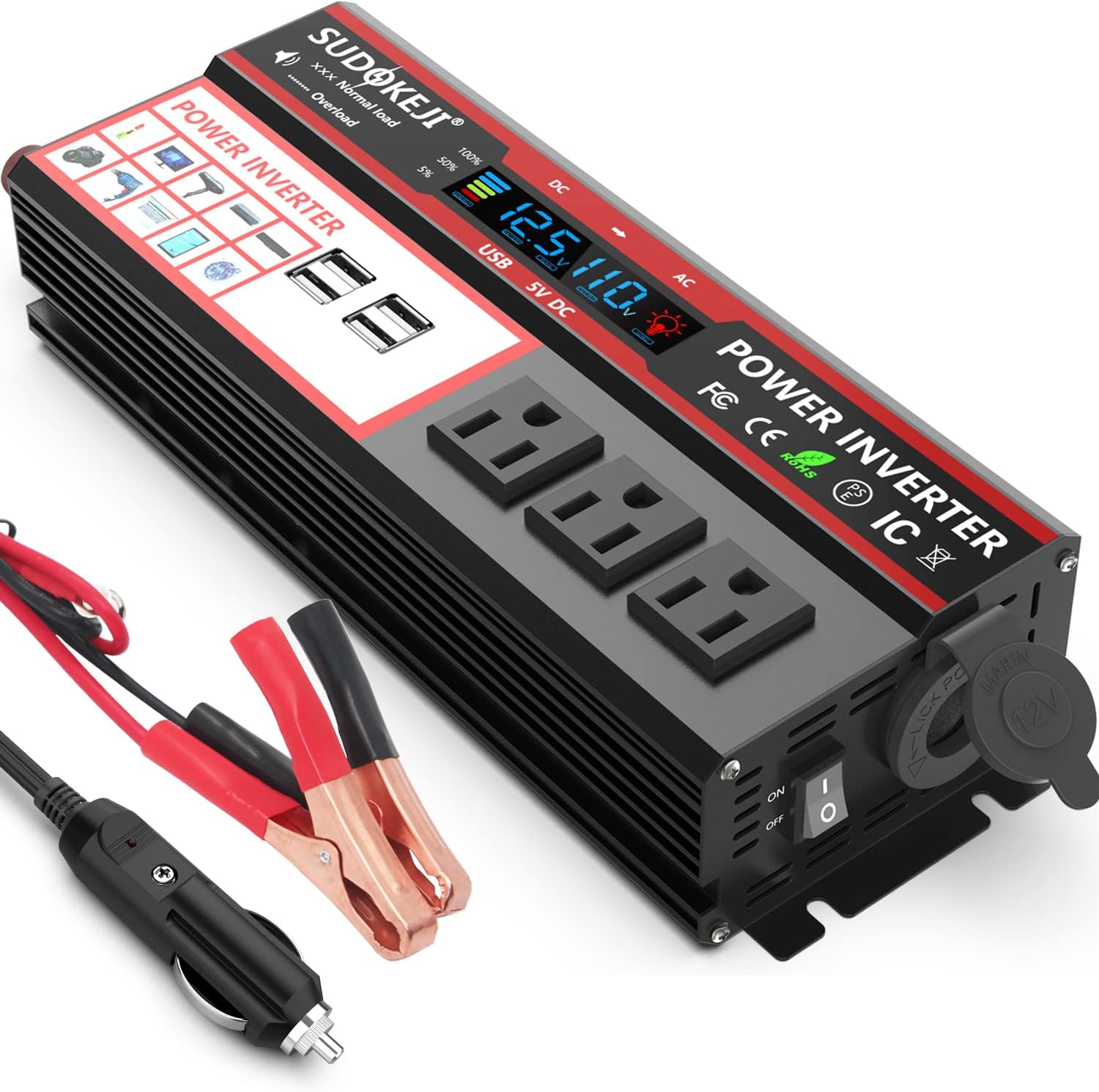 Power Inverter 1000W/2000W Peak DC 12V to AC 110V 120V Portable Car Inverter with LCD Display 3 AC and 4 USB Ports R32152