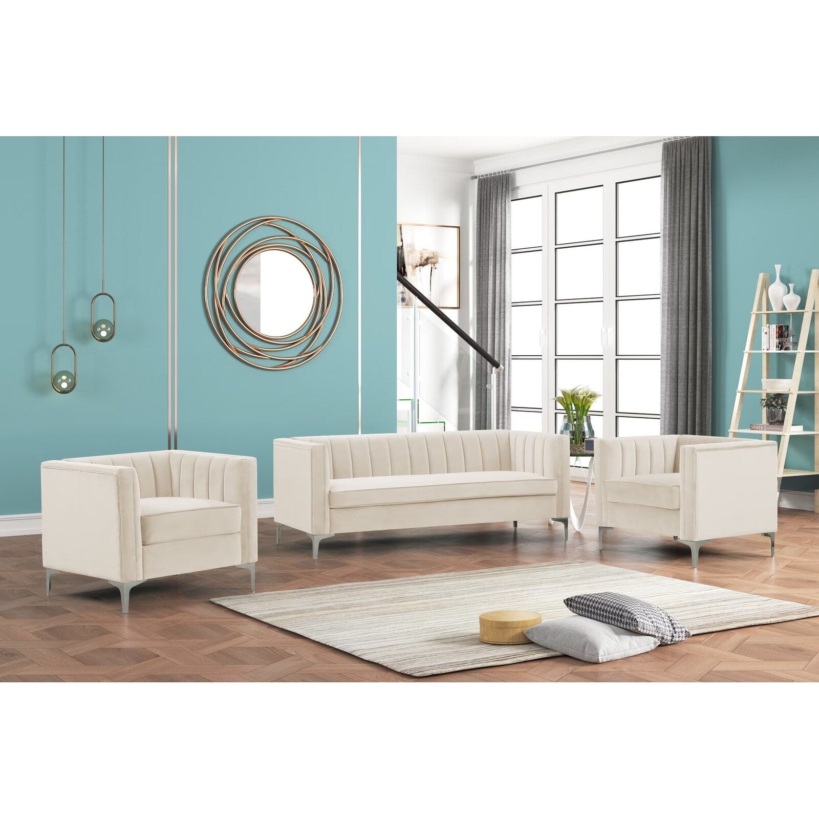 3 Pieces Fabric Dutch Velvet Blue Couch and Sofa Set F458637