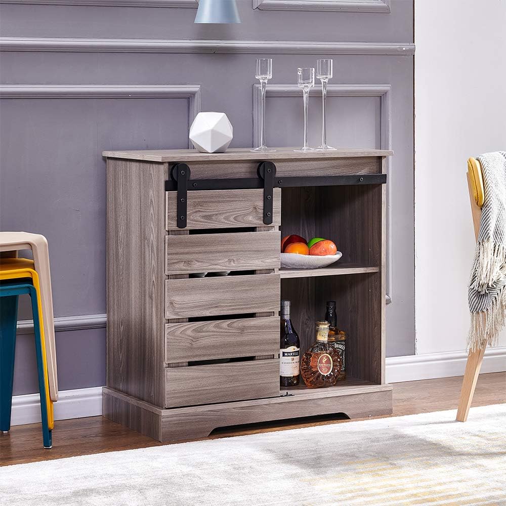 White+Dark Walnut Barn Door Buffet Console Table with Sliding Door I555