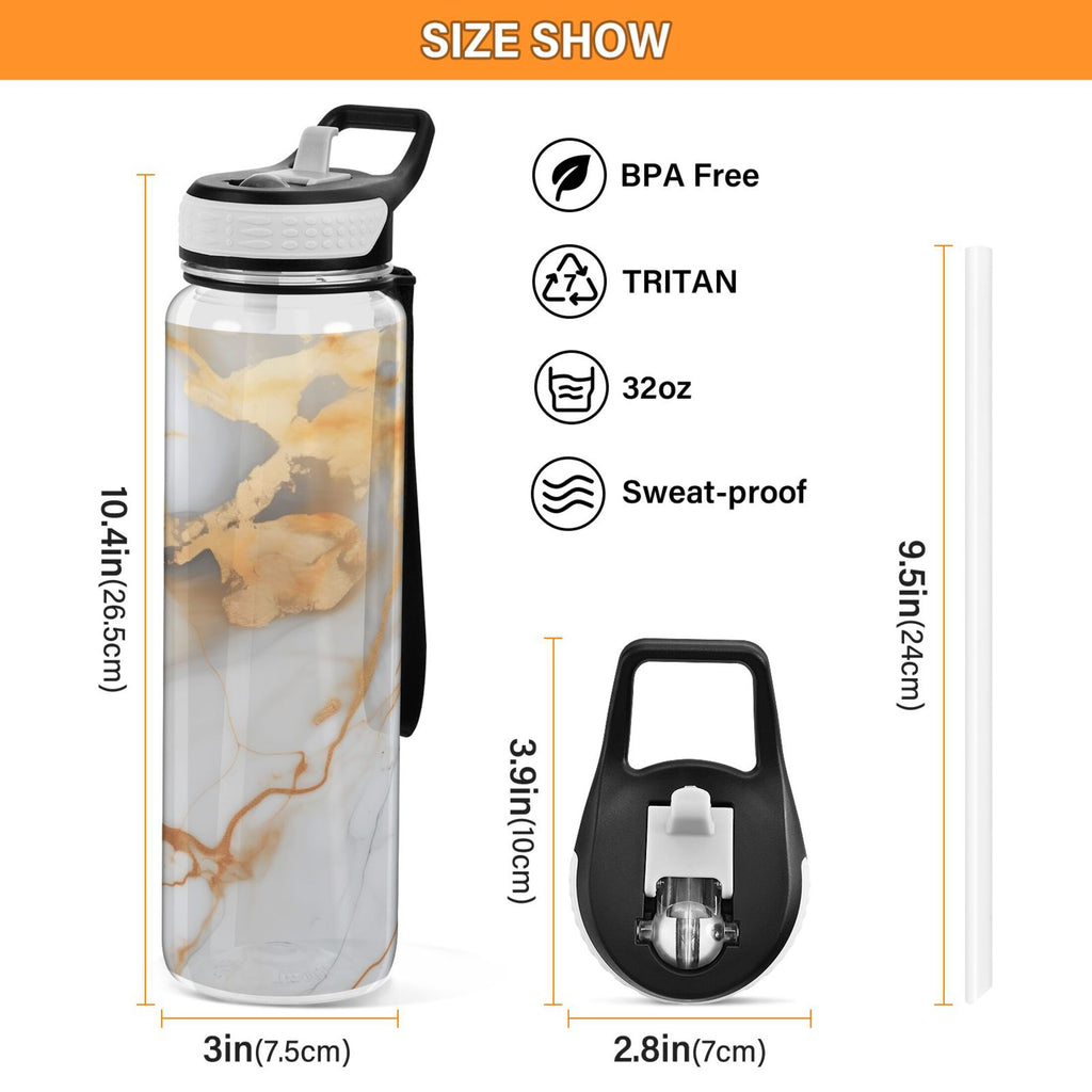 White and Gold Marble 32oz Tritan Water Bottles with Straw T302