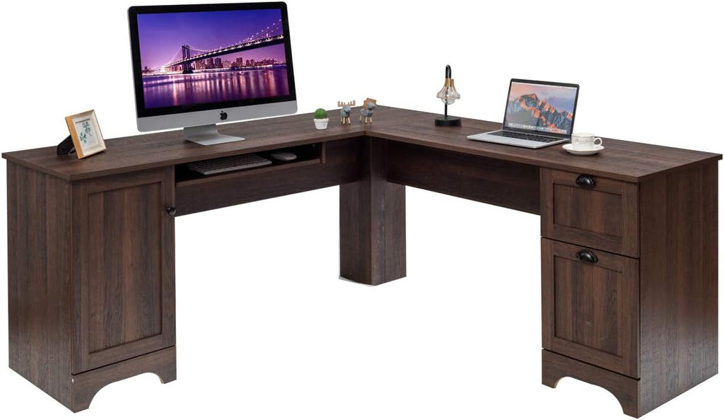 L Shaped Corner Computer Desk with Storage Drawers & Cabinet H2639