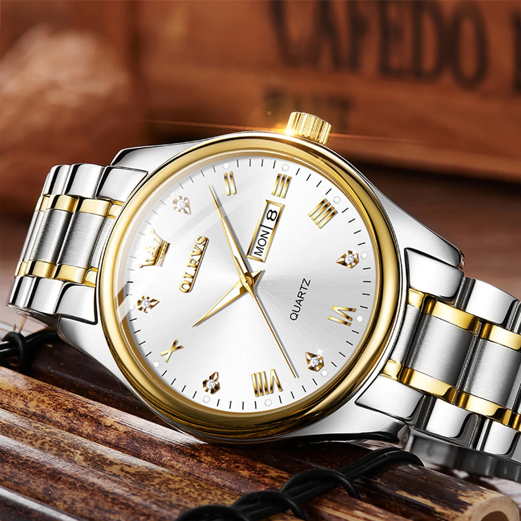 Stainless Steel Analog Quartz Waterproof Luminous Day-Date Wristwatch V403