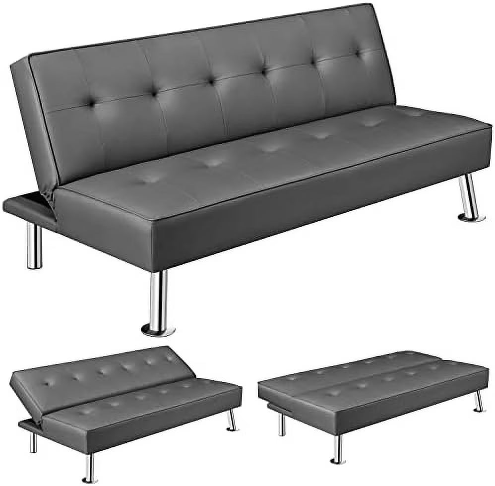 Black Faux Leather Convertible Futon Sleeper Bed P379
