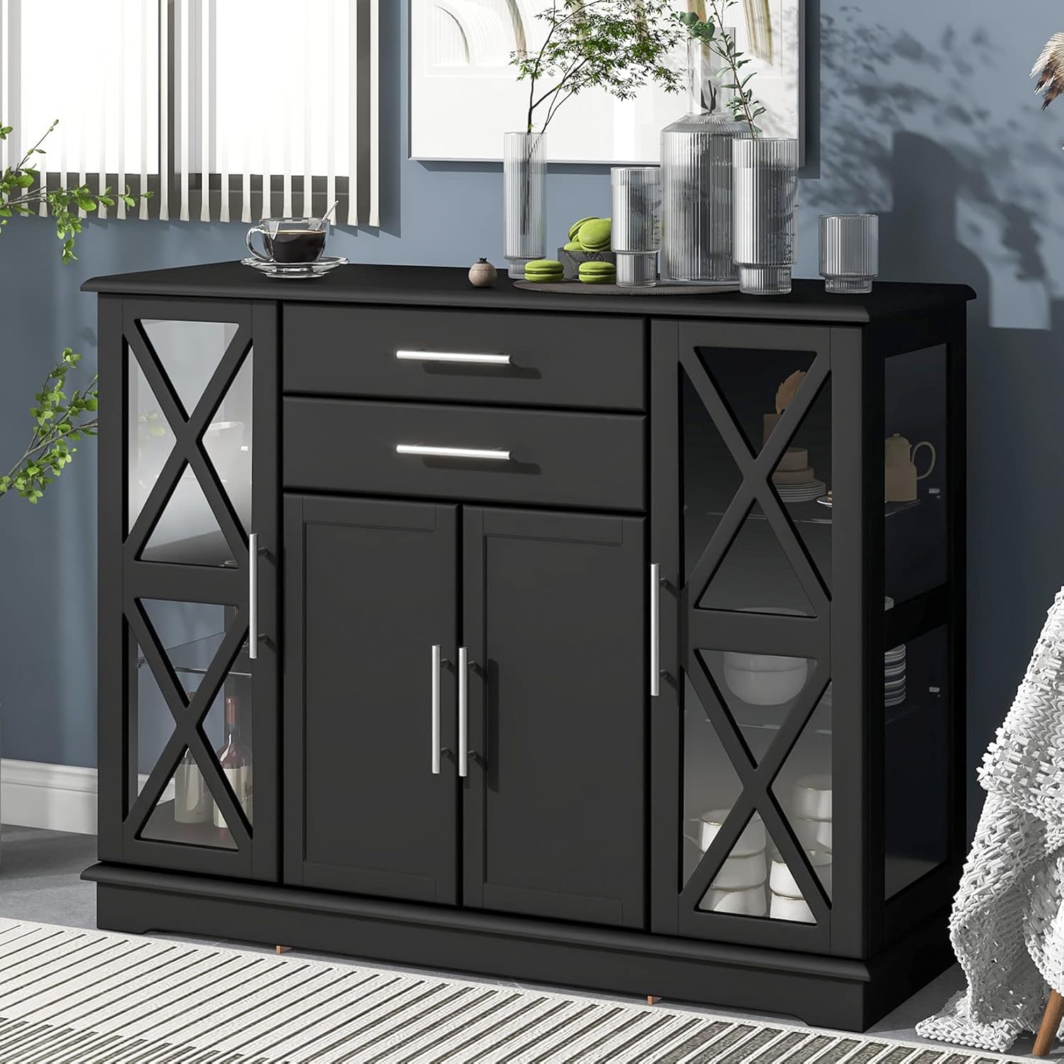 White Small Buffet Sideboard with Double Glass Doors V209
