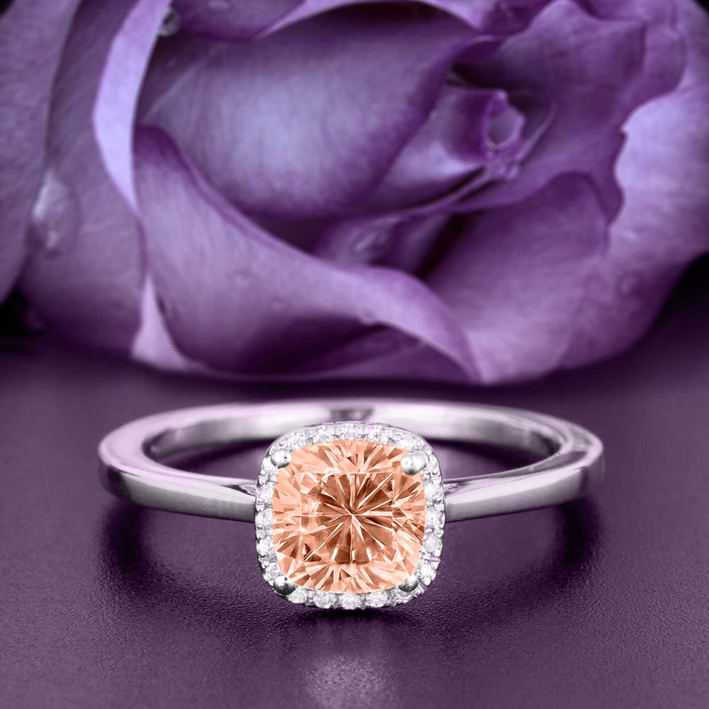 1.55 Carat Cushion Cut Morganite And Diamond Moissanite Engagement Ring in 10k Solid White Gold O3313