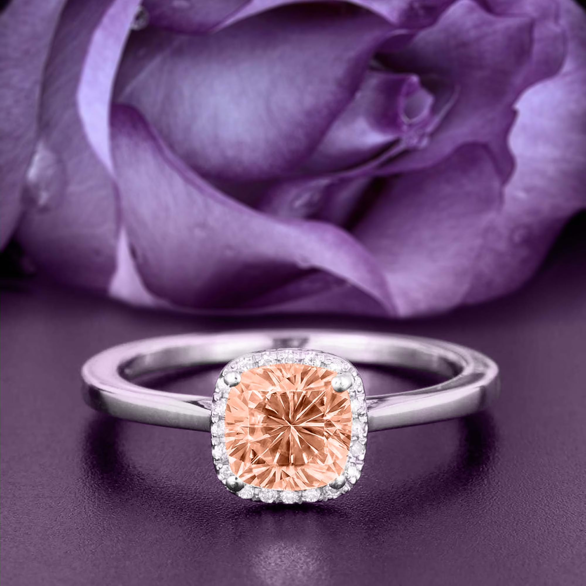 1.55 Carat Cushion Cut Morganite And Diamond Moissanite Engagement Ring in 10k Solid White Gold O3313