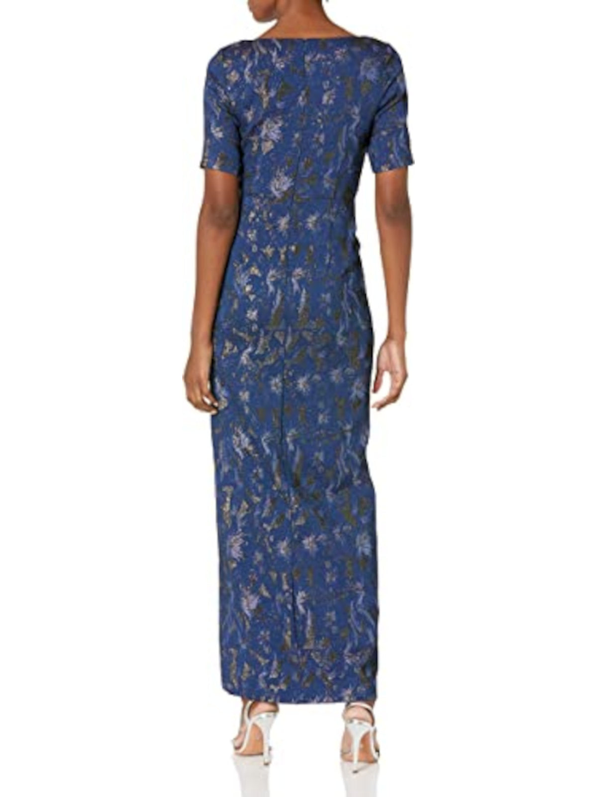 Navy Zippered Ruched Draped Thigh-high Slit Lined Short Sleeve Sweetheart Neckline Full-Length Evening Gown Dress V2107