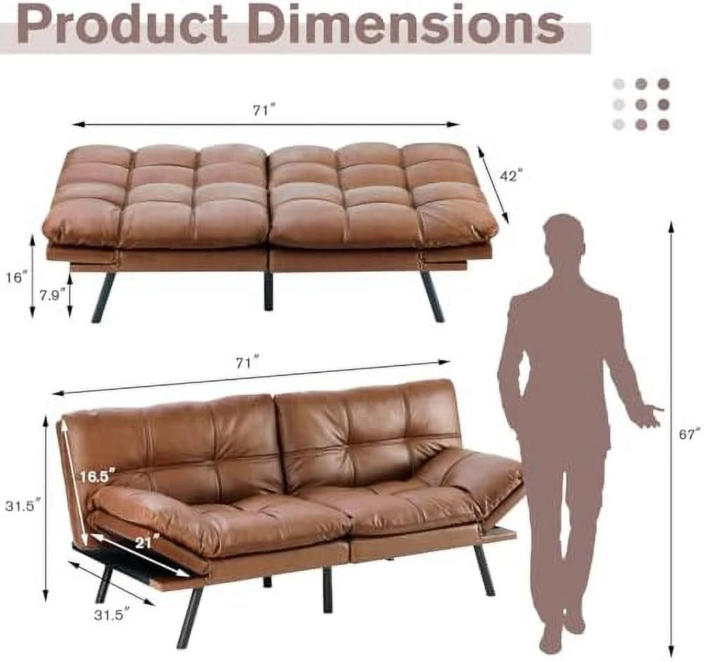 Convertible Futon Sofa Couch Bed Memory Foam Sleeper Loveseat with Adjustable Armrests Backrests S24666