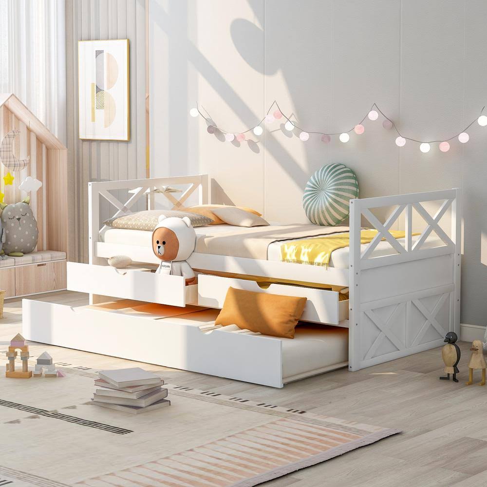 White Twin Size Wood Daybed with 2-Drawers and Trundle T9796