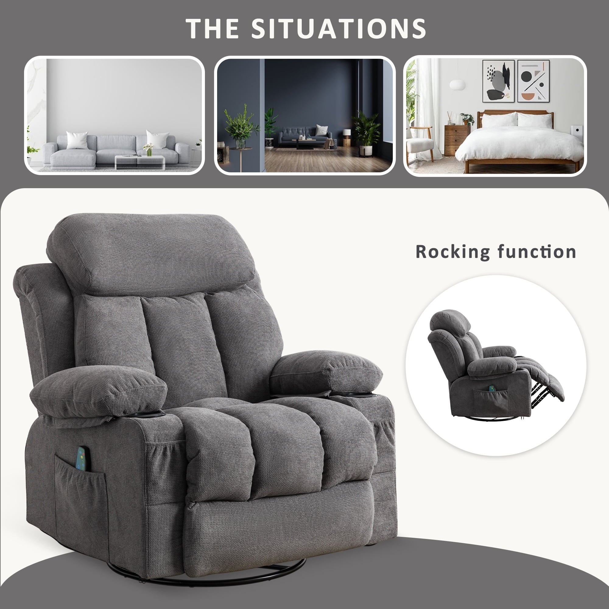 Swinging recliner massage heated sofa with USB and cup holders V37953