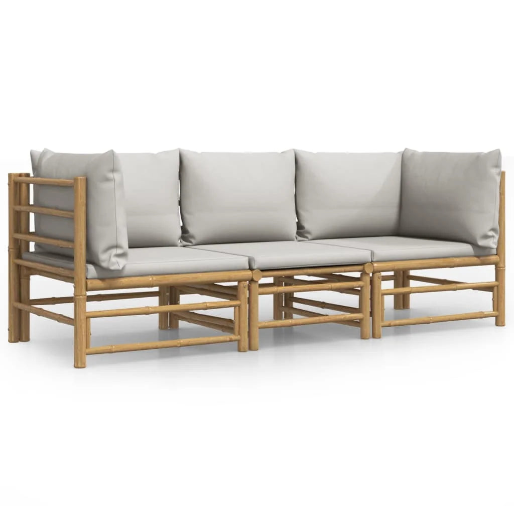 3 Piece Patio Set with Gray Cushions Bamboo S43815