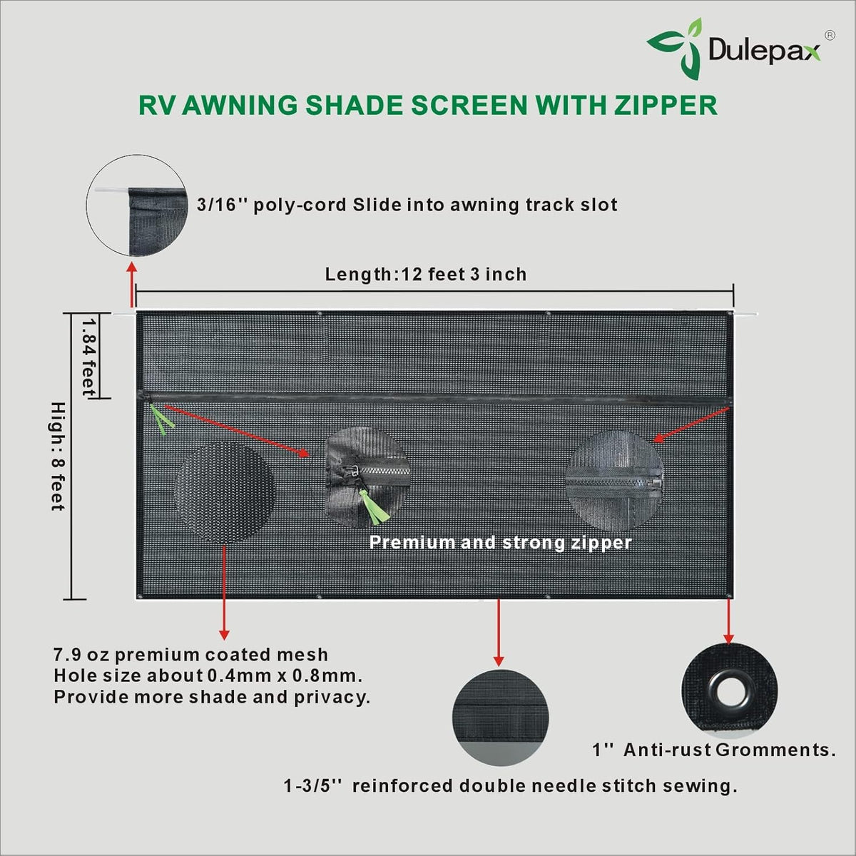 RV Awning Shade Screen with Zipper 8'X17'3'' P9259