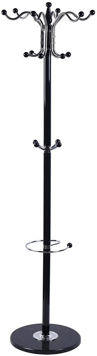 Black Metal Coat Tree with 16 Hooks and Marble Base O950071