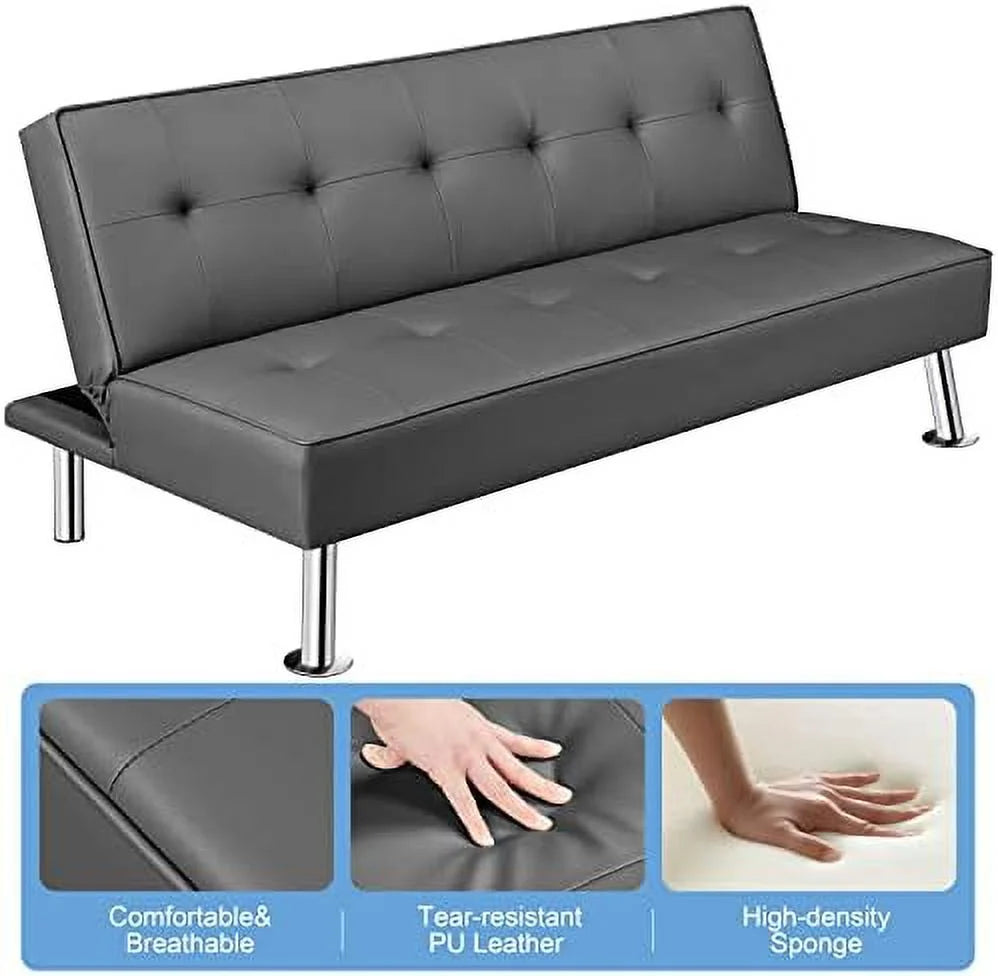 Black Faux Leather Convertible Futon Sleeper Bed P379