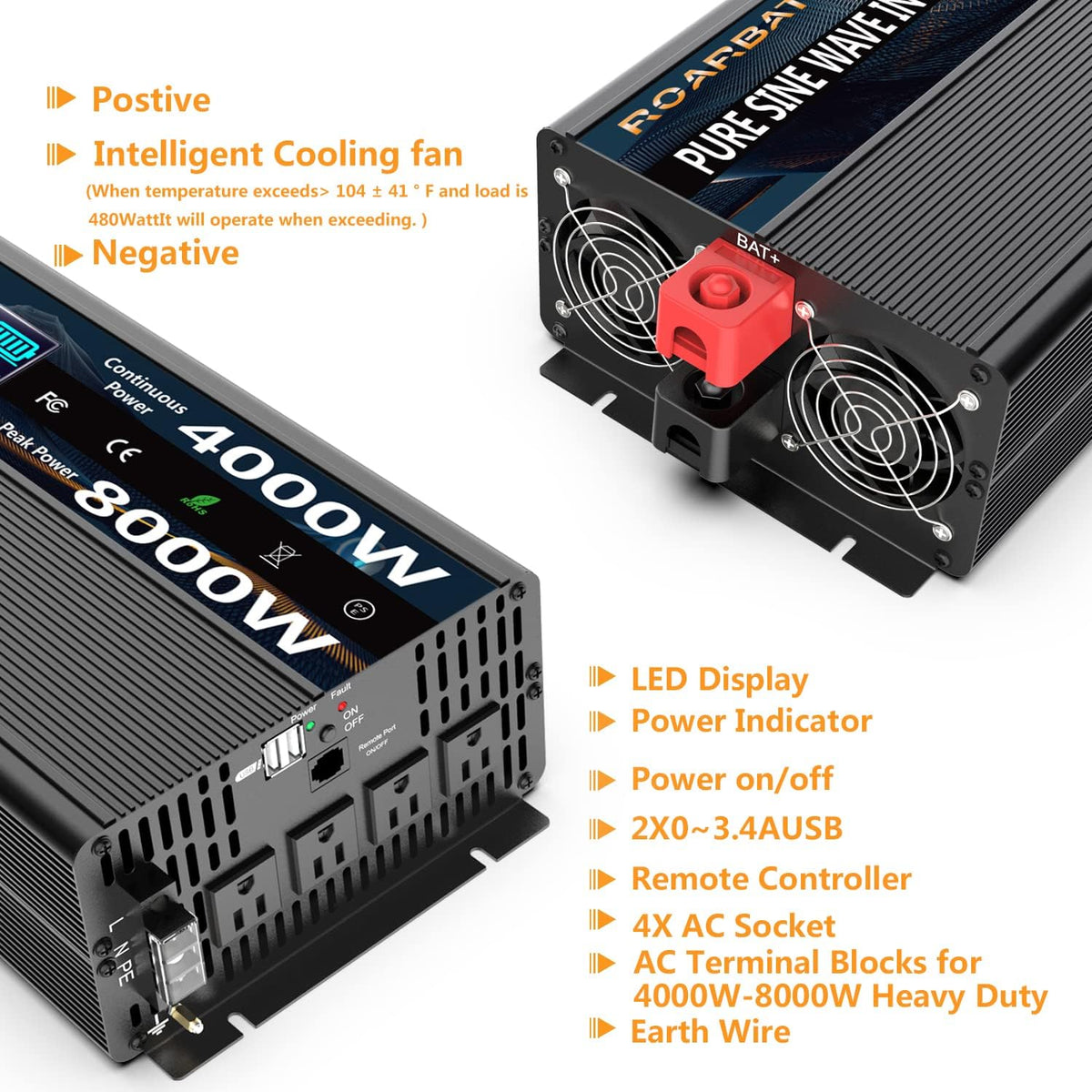 4000Watt 12V DC to AC 110V 120V Peak Power 8000Watt Power Inverter with Remote Control 4 AC Outlets and Dual USB Port K489228