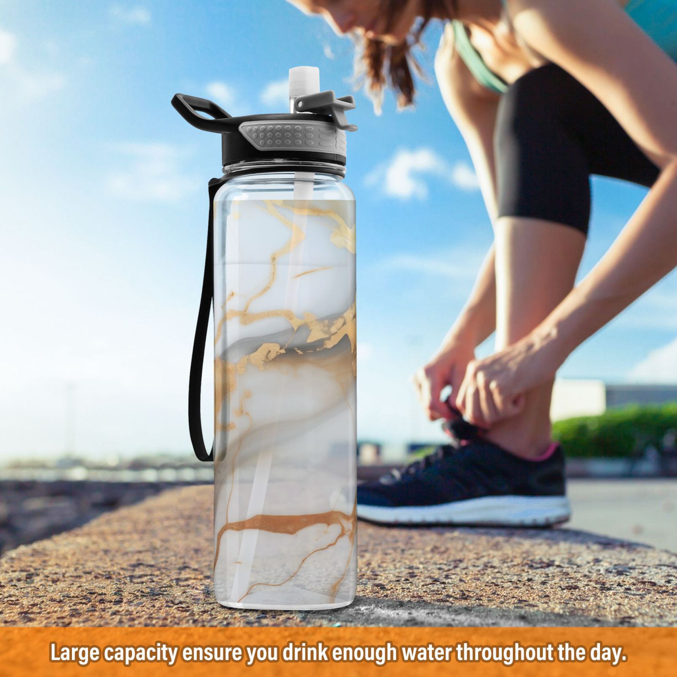 White and Gold Marble 32oz Tritan Water Bottles with Straw T302