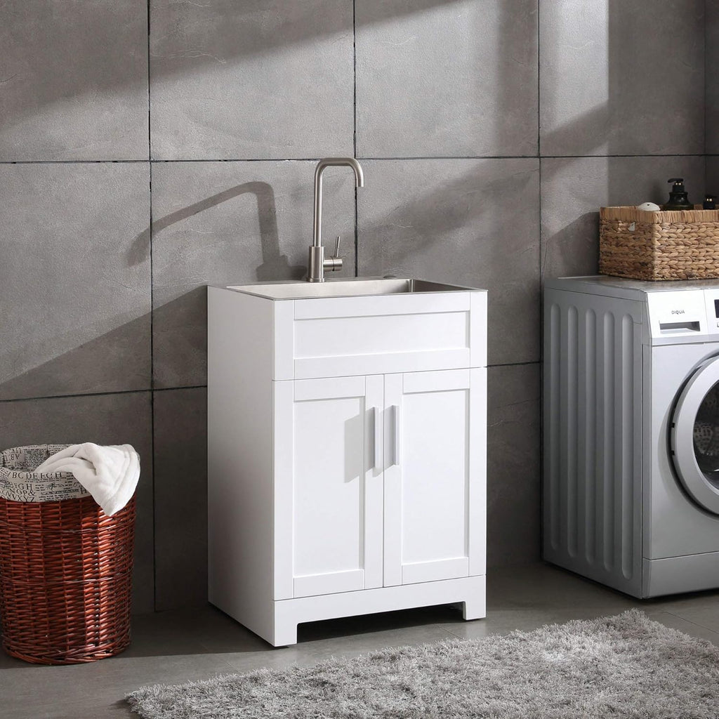 White Laundry Utility Cabinet with Stainless Steel Sink and Faucet M3671