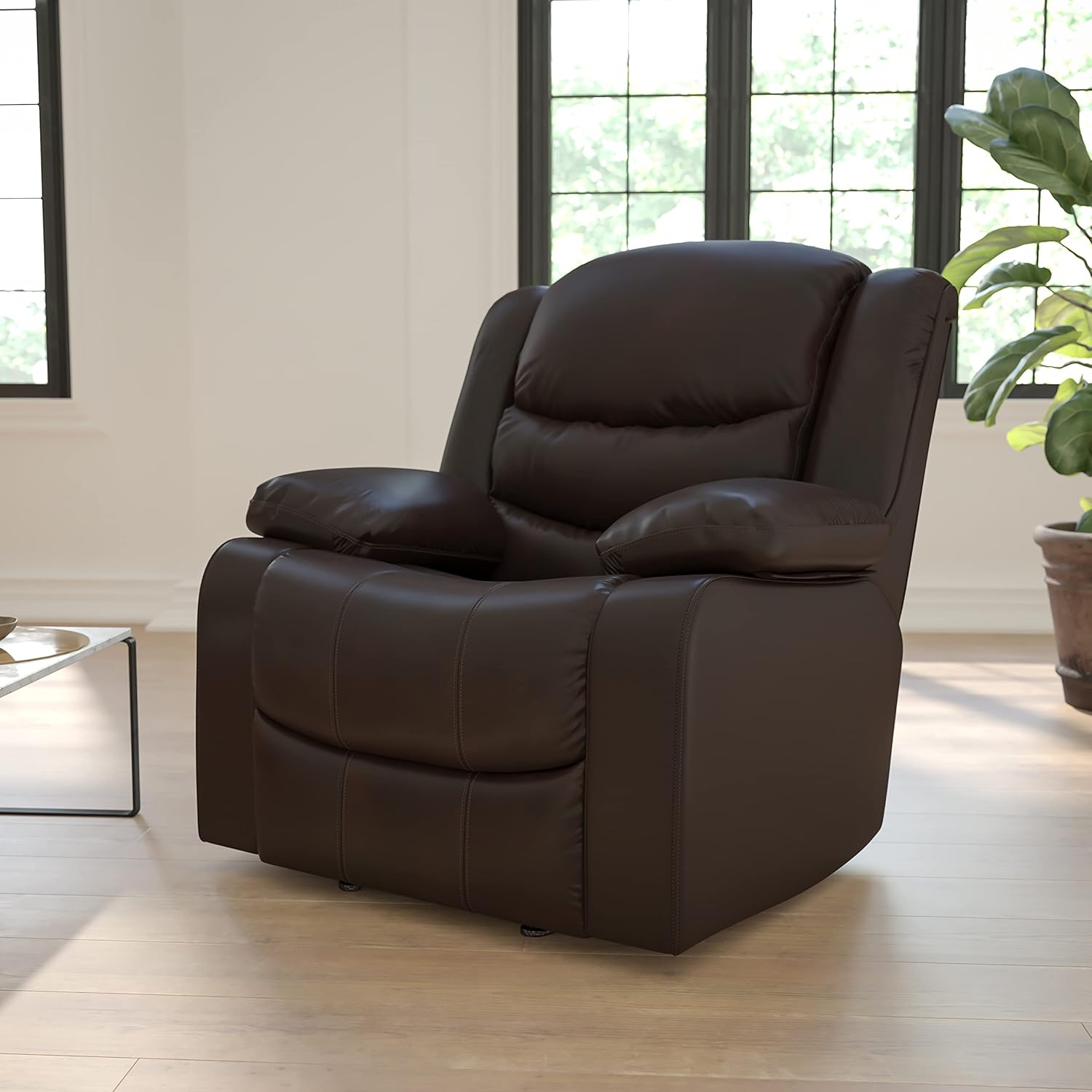 Plush Brown LeatherSoft Lever Rocker Recliner with Padded Arms S94299