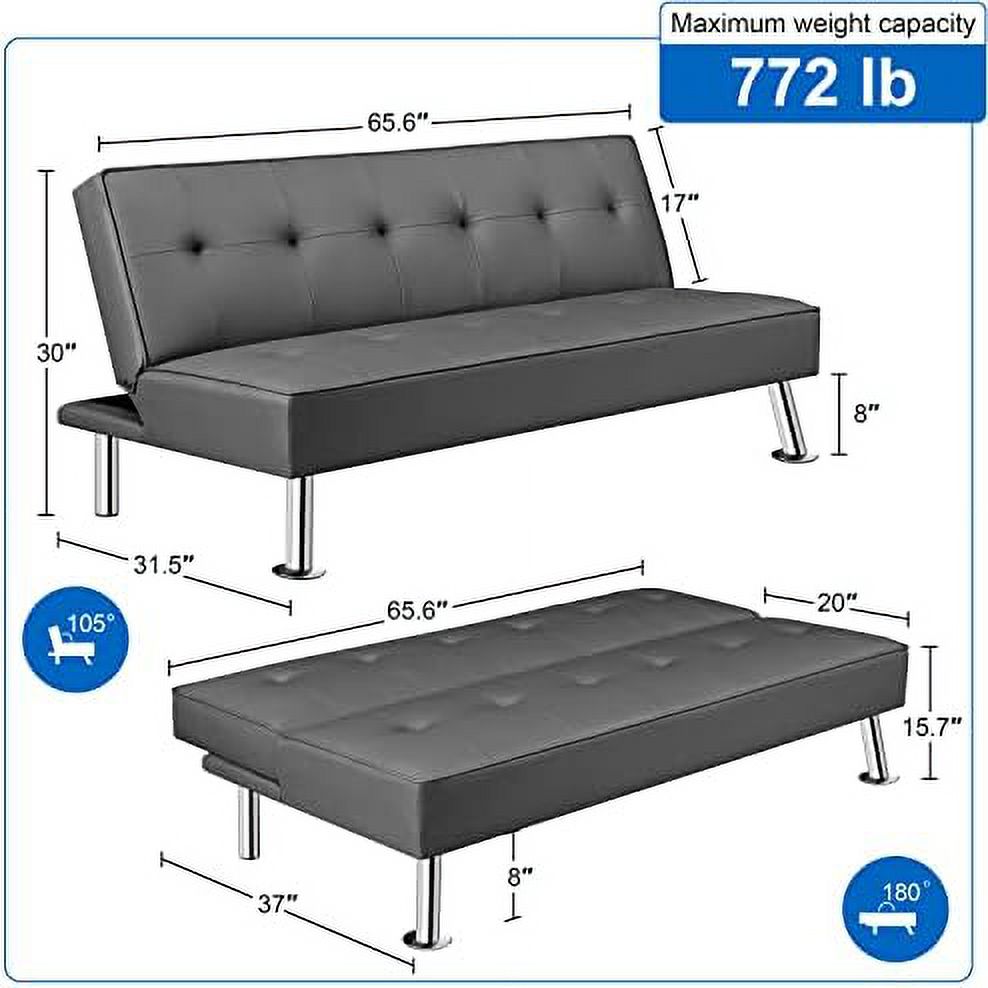 Black Faux Leather Convertible Futon Sleeper Bed P379