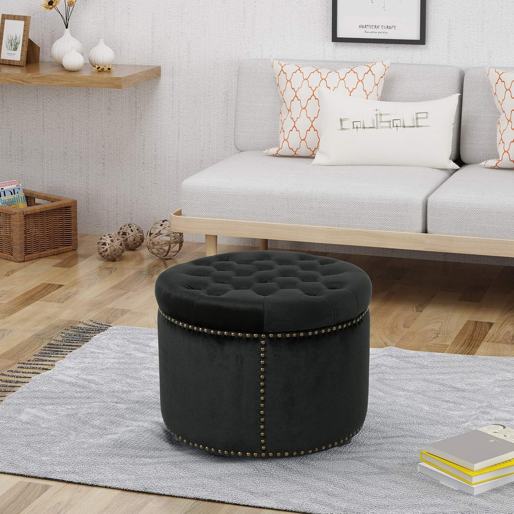 Black Velvet Tufted Ottoman T691