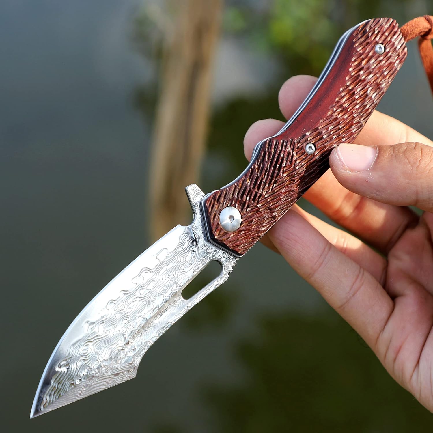 Damascus Steel Pocket Knife with Leather Case O5739