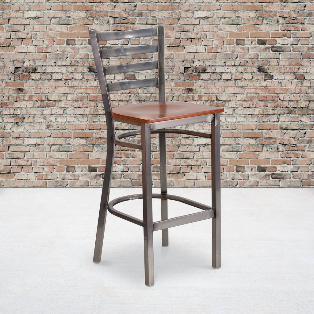 Cherry Wood Seat Clear Coated Metal Frame Ladder Back Stool R45847