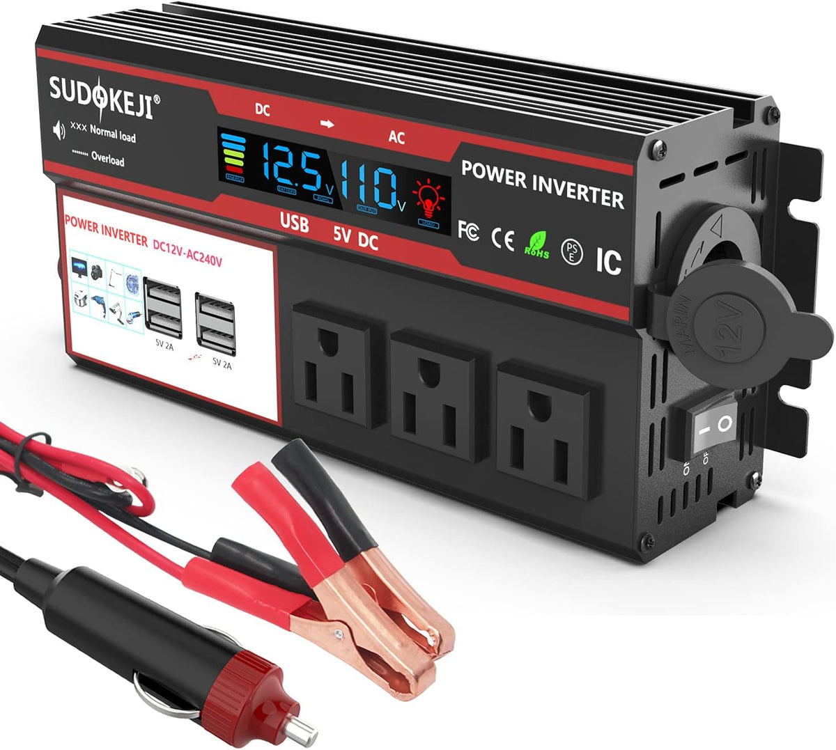 Power Inverter 1000W/2000W Peak DC 12V to AC 110V 120V Portable Car Inverter with LCD Display 3 AC and 4 USB Ports R32152