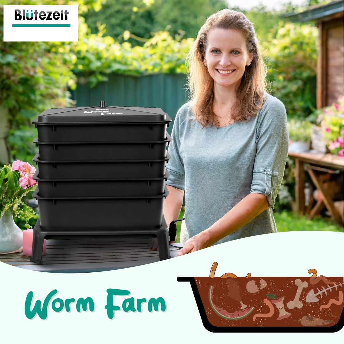 Worm Composter 5-Tray Compost Bin Worm Farm with Complete Kits (Black) A512386