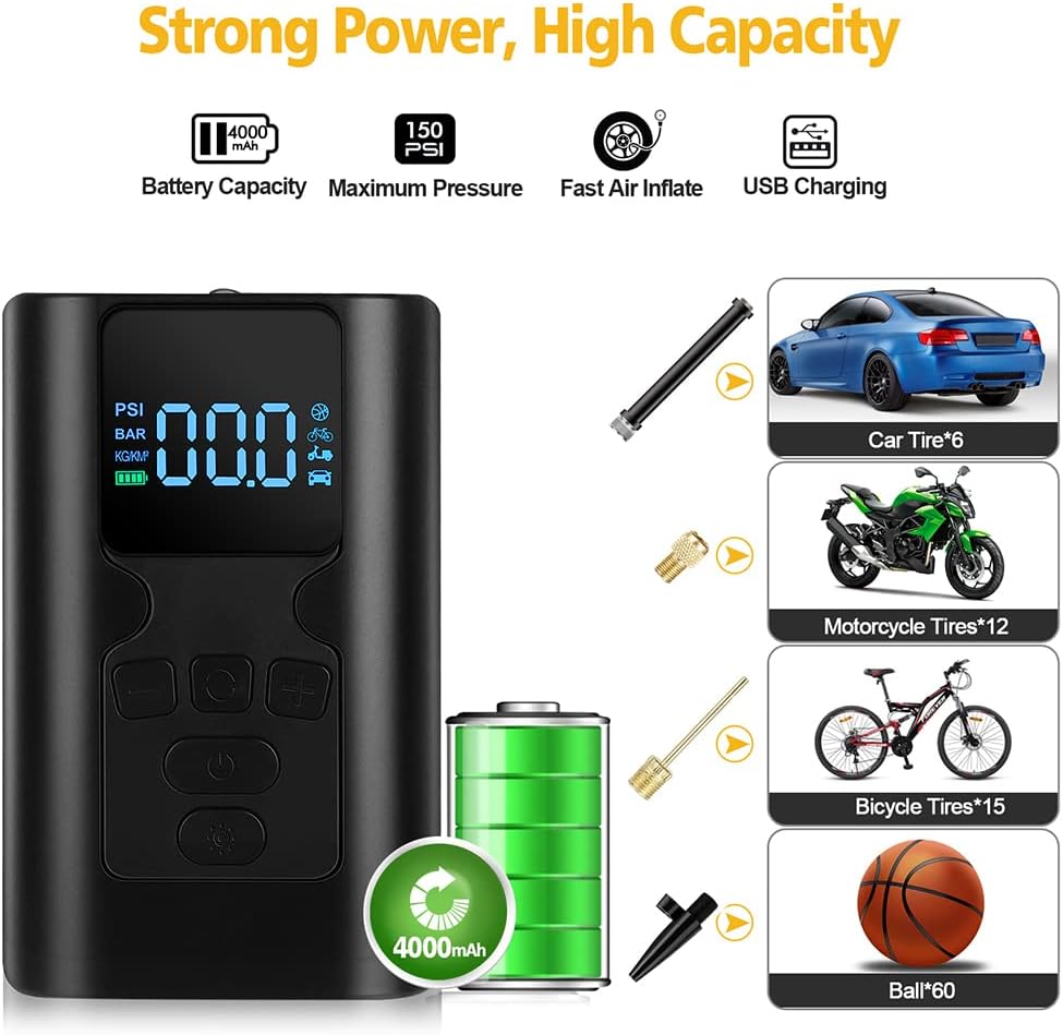 150PSI Cordless Tire Inflator Air Pump with Digital Pressure Gauge LED Light, Pack of 2 H68073