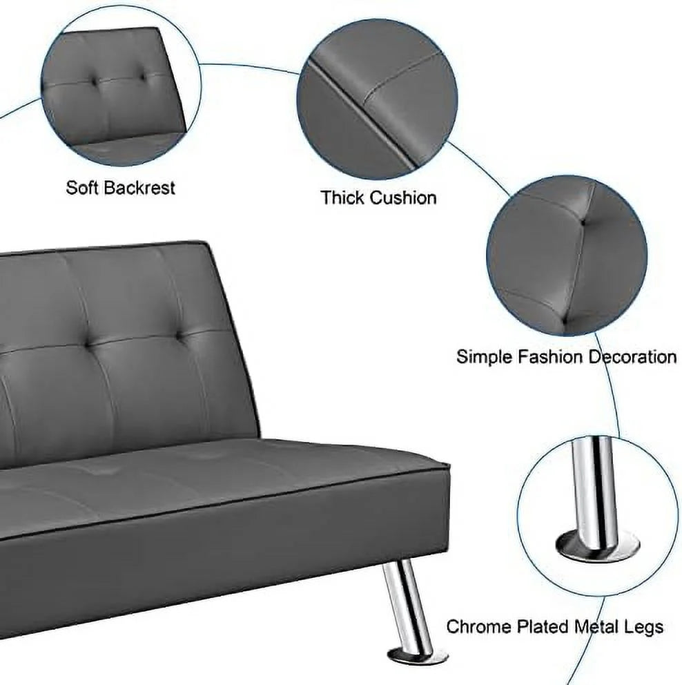 Black Faux Leather Convertible Futon Sleeper Bed P379