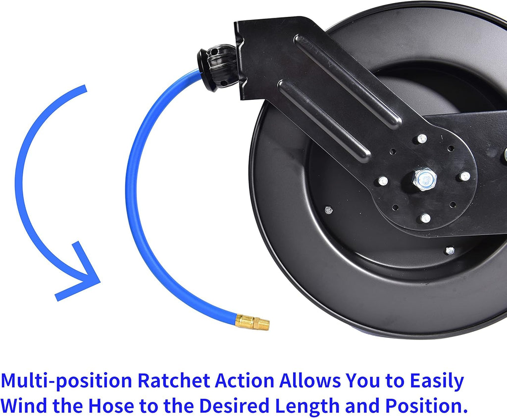 Retractable Air Hose Reel, 1/2" x 50' Ft, Steel, Rubber Hose T649