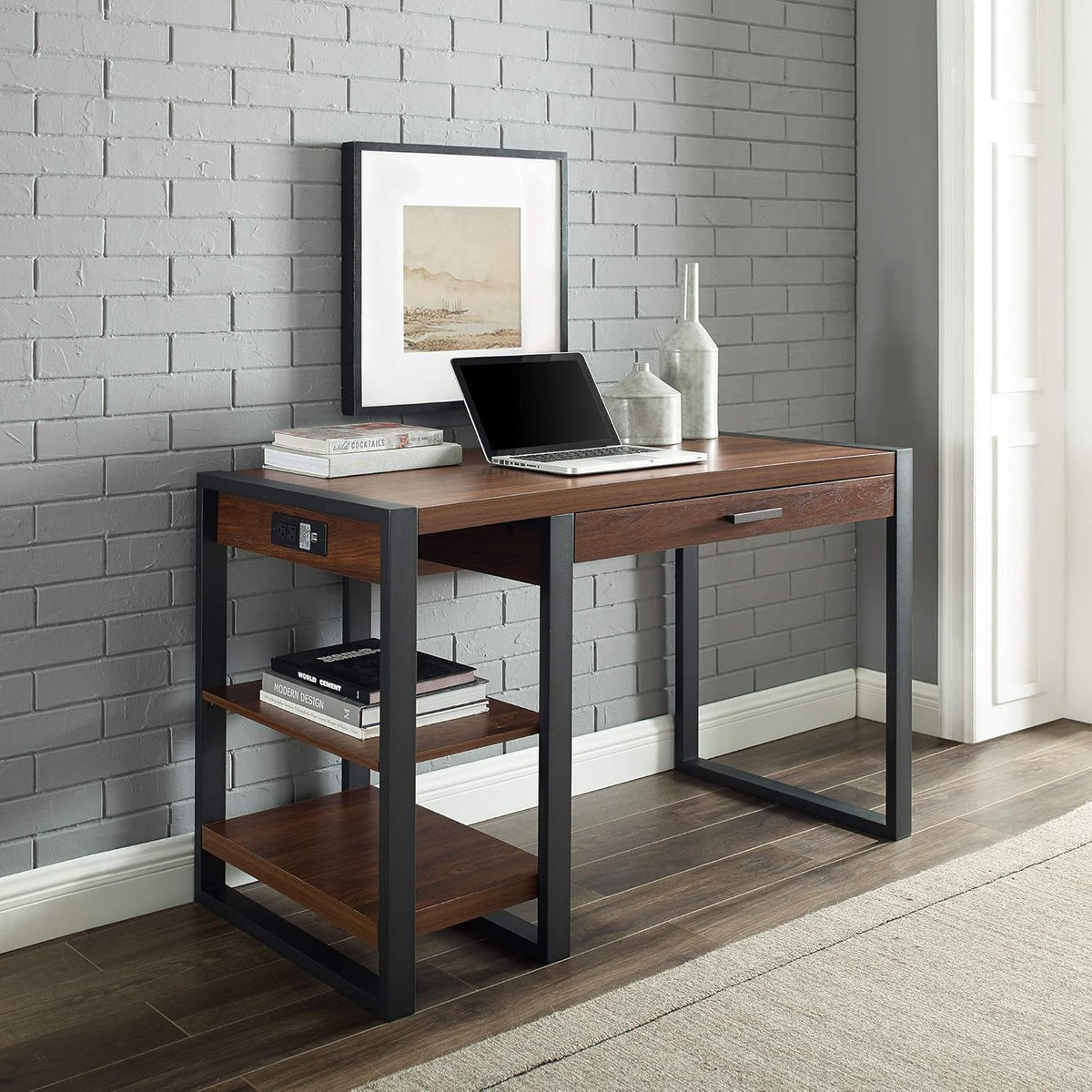 48 Inch Grey Wash Computer Desk with Drawer and Electrical Outlet U85886