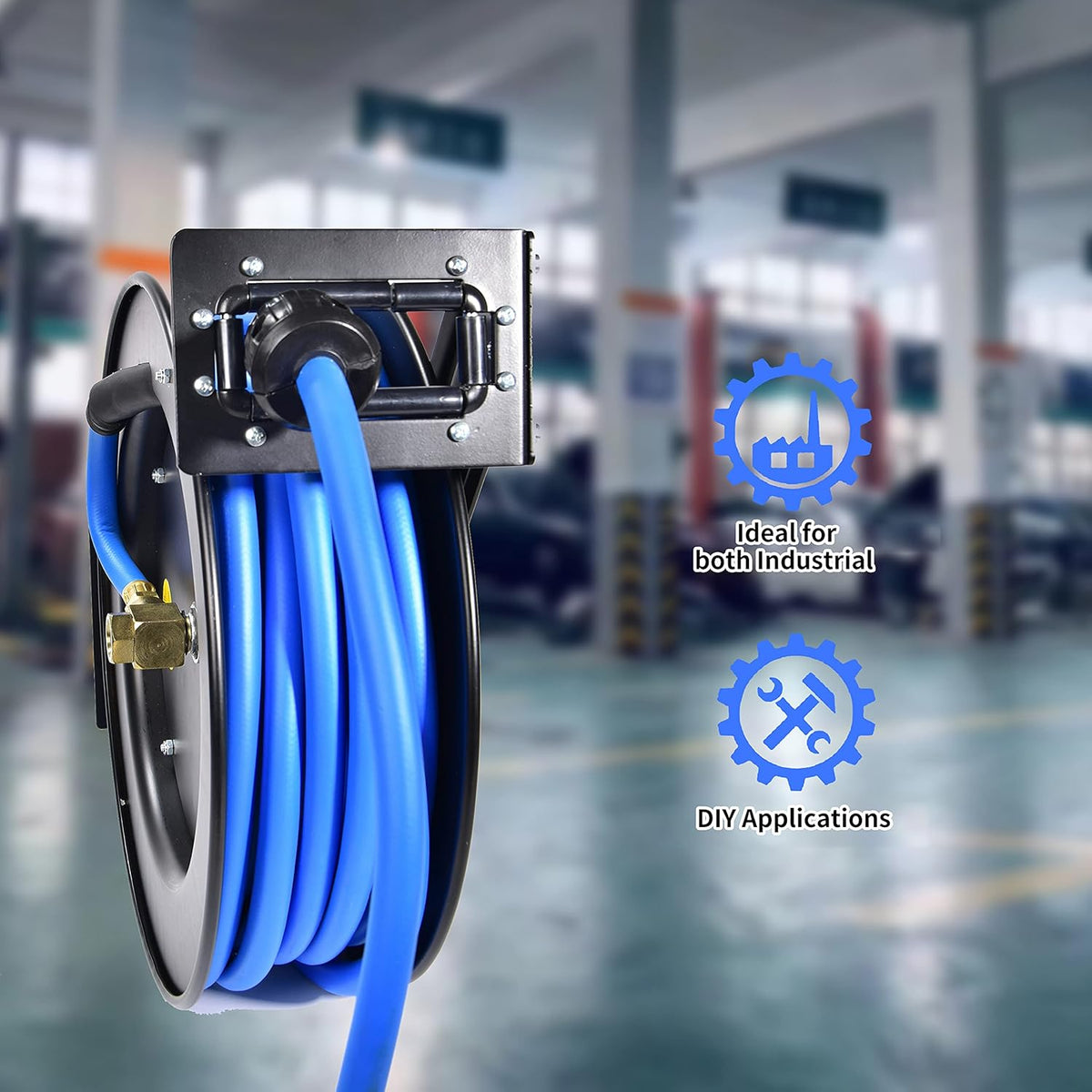 Retractable Air Hose Reel, 1/2" x 50' Ft, Steel, Rubber Hose T649
