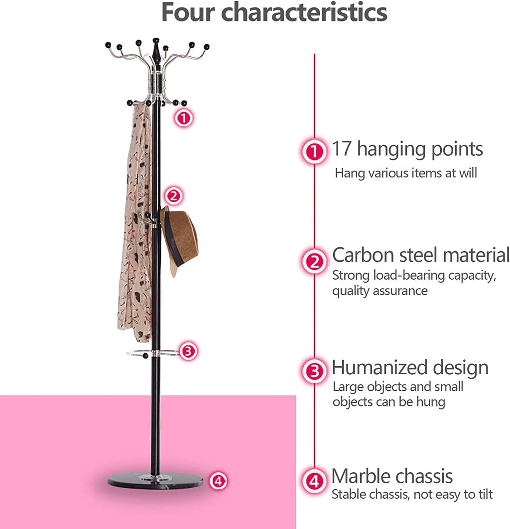 Black Metal Coat Tree with 16 Hooks and Marble Base O950071